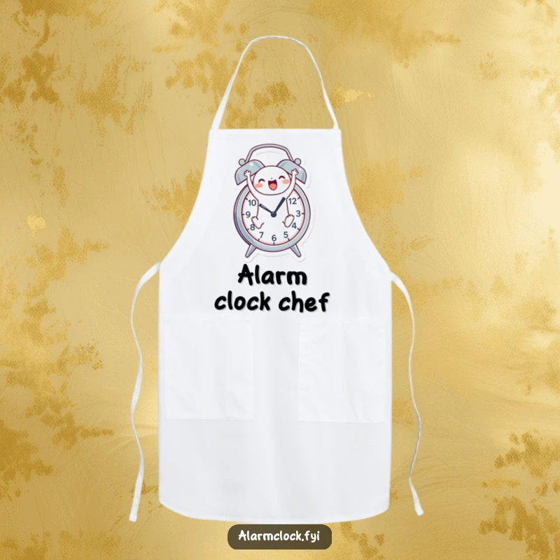 Funny apron showcasing a cheerful character joyfully leaping out of an alarm clock, ready for energetic kitchen tasks.