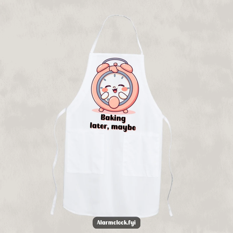 Funny apron showing a giggling character playfully hitting a snooze button, ideal for humorous and relaxed cooking.