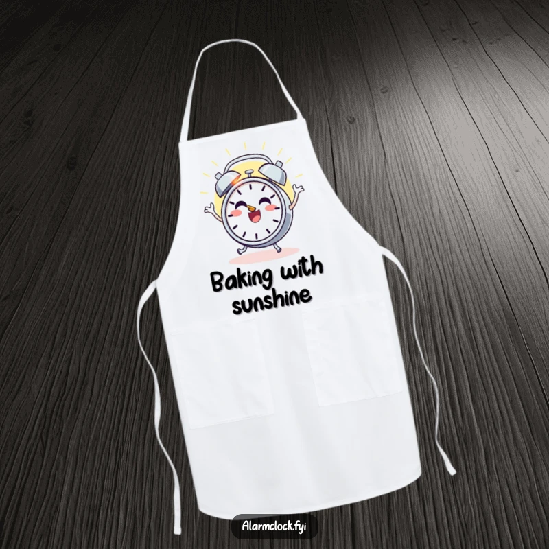 Funny apron with a cheerful alarm clock character dancing with joy as the sun rises, perfect for a humorous cooking experience.