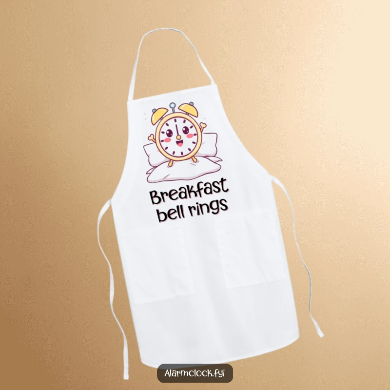 Funny alarm clock apron showing a cheerful character jumping out of bed, ready for kitchen tasks.