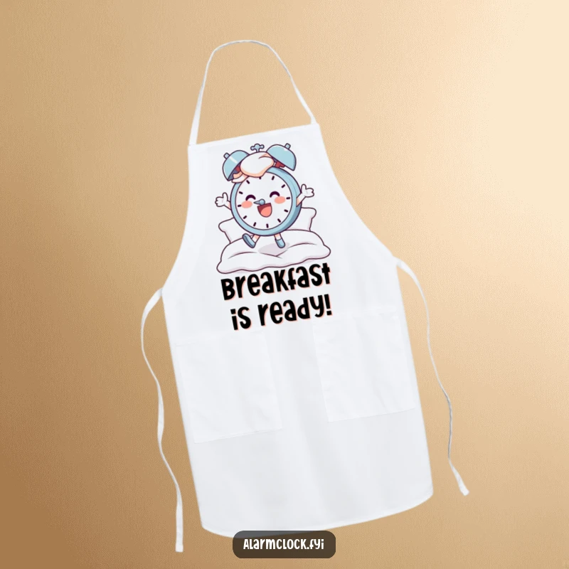 Funny chef apron showing a cheerful character leaping out of bed to an alarm clock, ideal for energetic cooks and morning enthusiasts.