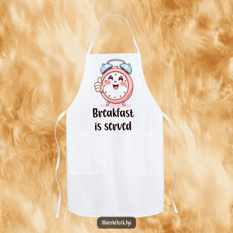Funny apron with a happy character giving a thumbs up while an alarm rings, adding cheerful humor to cooking.