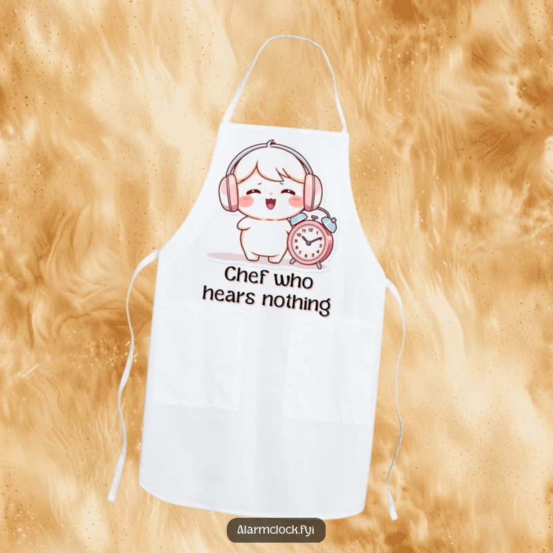 Funny apron showing a giggling character wearing earmuffs while an alarm clock rings nearby.