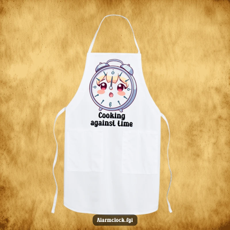 Funny apron with a surprised character looking at a spinning clock, ideal for cooks who often find themselves in a time crunch.