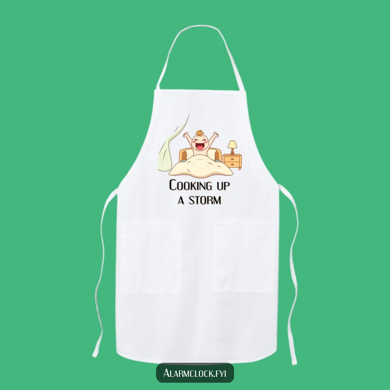 Funny Excited Character Jumping Out of Bed Apron, Kitchen Humorous Gift for Energetic Cooks