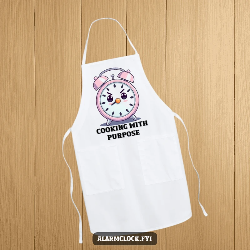 Funny apron featuring a determined alarm clock character with a loud ring, perfect for motivational kitchen tasks.