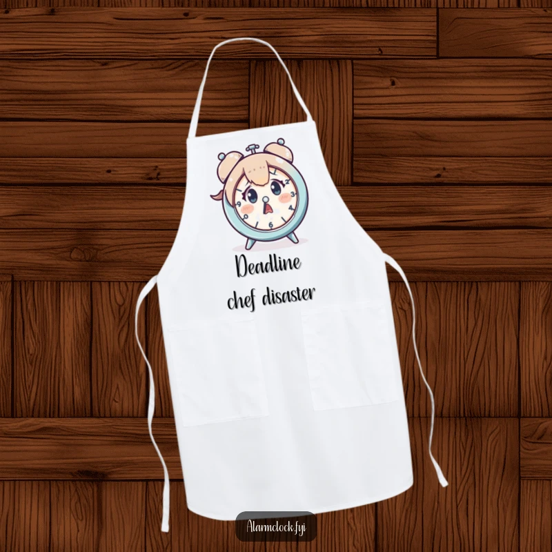 Funny apron featuring a startled character facing a clock, ideal for the cook who measures time in frantic seconds.