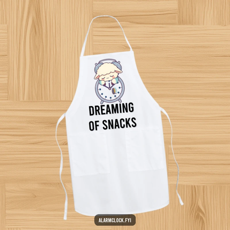 Funny apron showing a sleepy sheep in pajamas snoozing on an alarm clock, a humorous and practical kitchen accessory.
