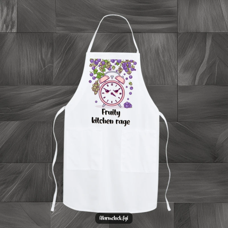 Funny apron design with a grumpy alarm clock being pelted by tiny grapes, perfect for kitchen humor when you're feeling sour.