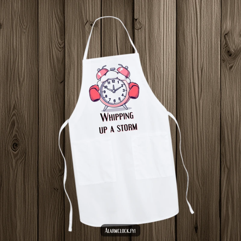 Funny apron with a boxing alarm clock punching a cloud, ideal for a humorous and protective kitchen accessory.