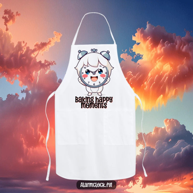 Funny apron showing a cheerful character holding a clock face, ideal for a cook who loves joy. Great funny gift.