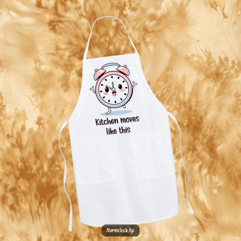 Funny apron featuring a cheerful alarm clock character with tiny legs dancing while cooking, bringing fun to the kitchen.