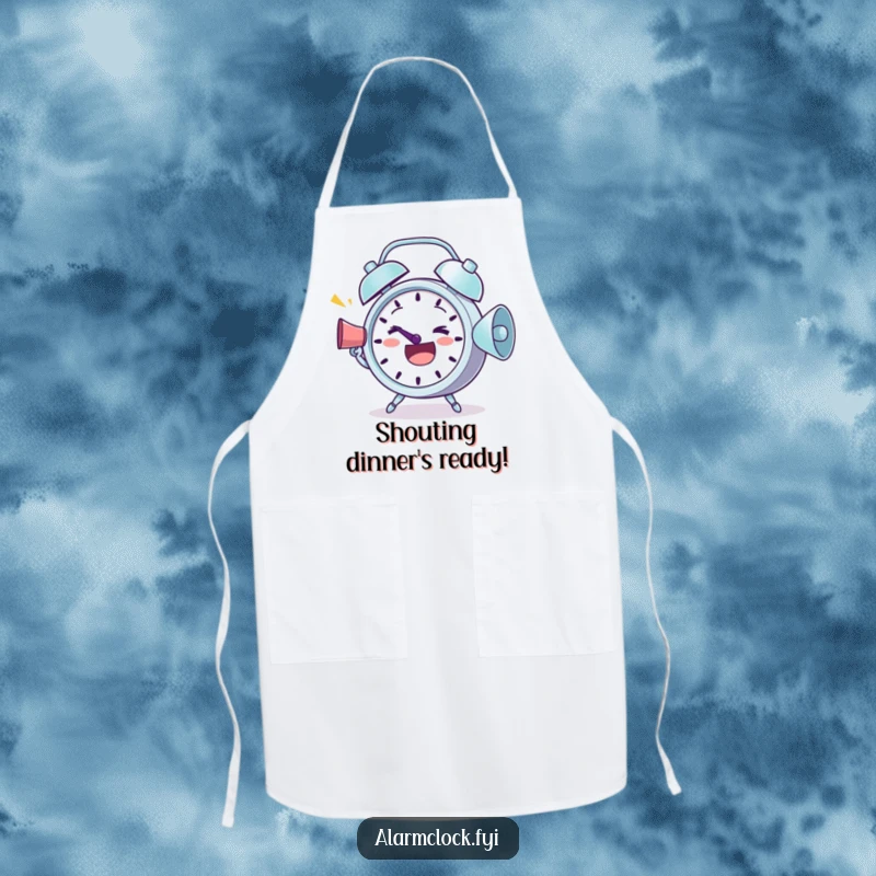 Funny Apron: A determined alarm clock using a megaphone to shout happy greetings, perfect for cheerful cooking.