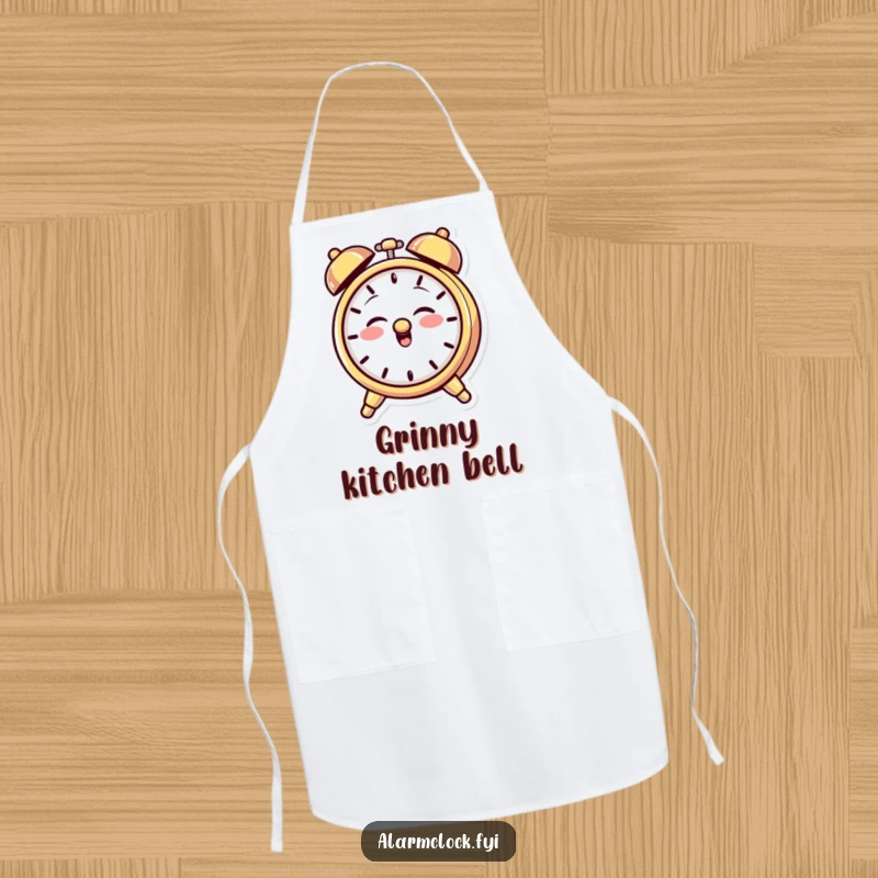 Funny apron showing a giggling alarm clock character with a mischievous grin, playfully ringing its bell while cooking up fun.