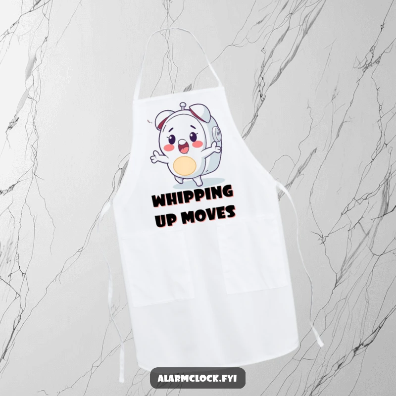 Funny apron showing a happy character dancing to an alarm clock, ideal for humorous and musical kitchen activities.