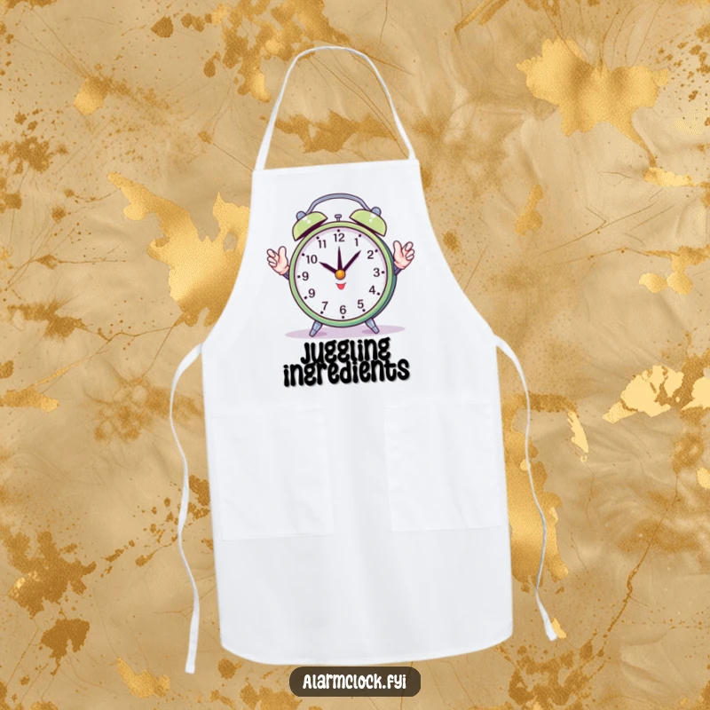 Funny apron design with a round alarm clock juggling its hands, perfect for kitchen humor and protecting clothes during busy meal prep.