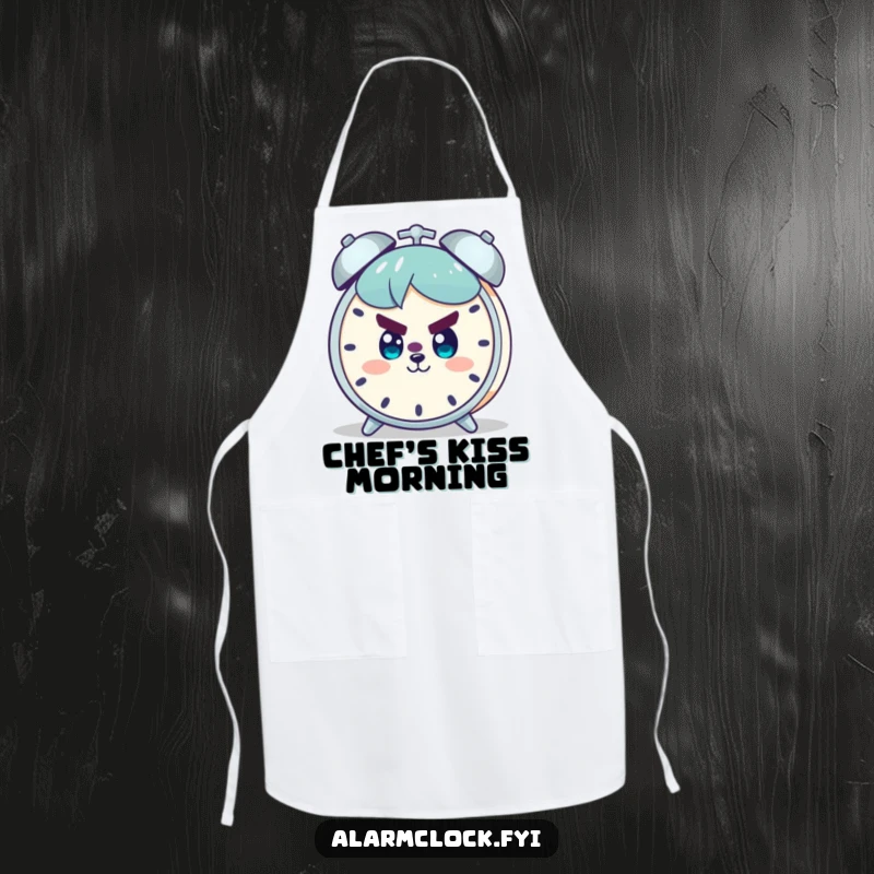 Funny chef apron depicting a character with a determined look and a smile, facing an alarm clock, ideal for motivated cooks.
