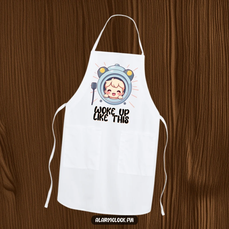 Funny apron with a smiling character peeking from behind a giant, blaring alarm clock, adding humor to culinary adventures.
