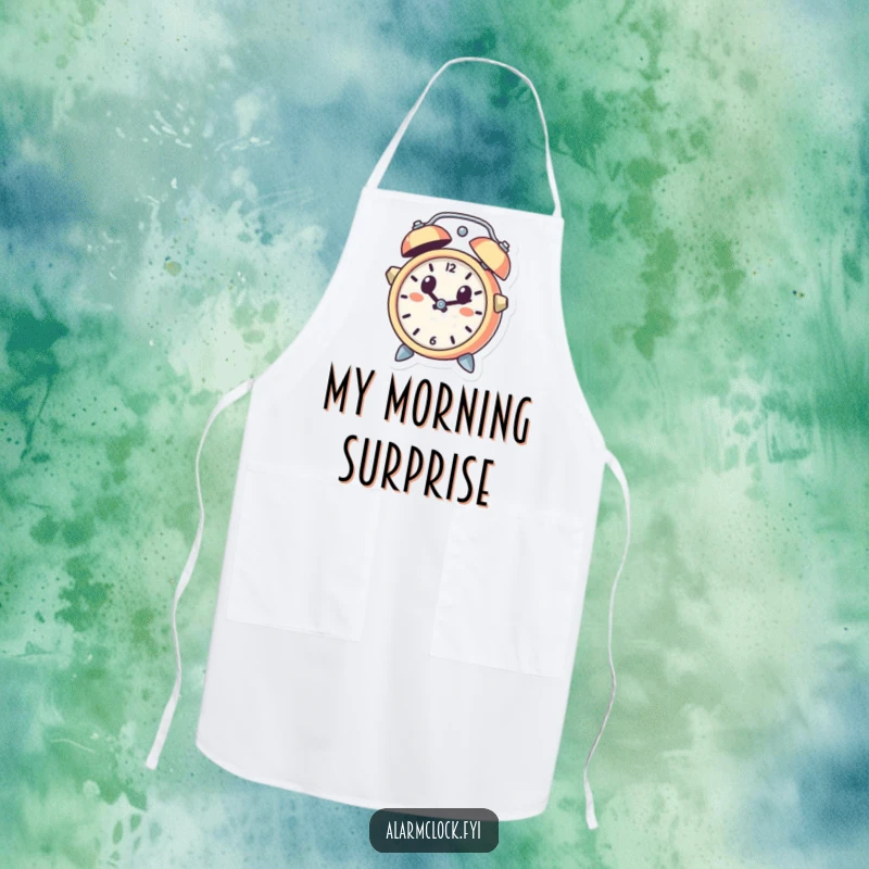 Funny apron with a cute alarm clock character leaping out of a bell, startled and ready, ideal for a humorous cooking accessory.
