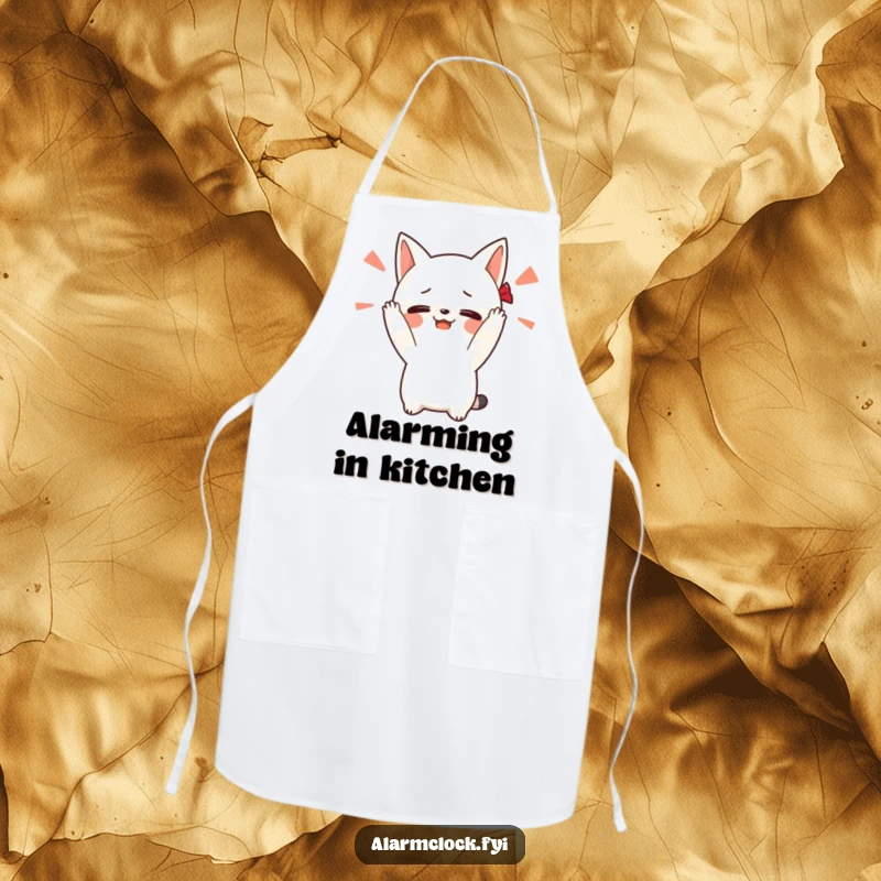 Funny apron with a blushing character covering its ears from a loud alarm, ideal for cooks who appreciate a tranquil start to their day.