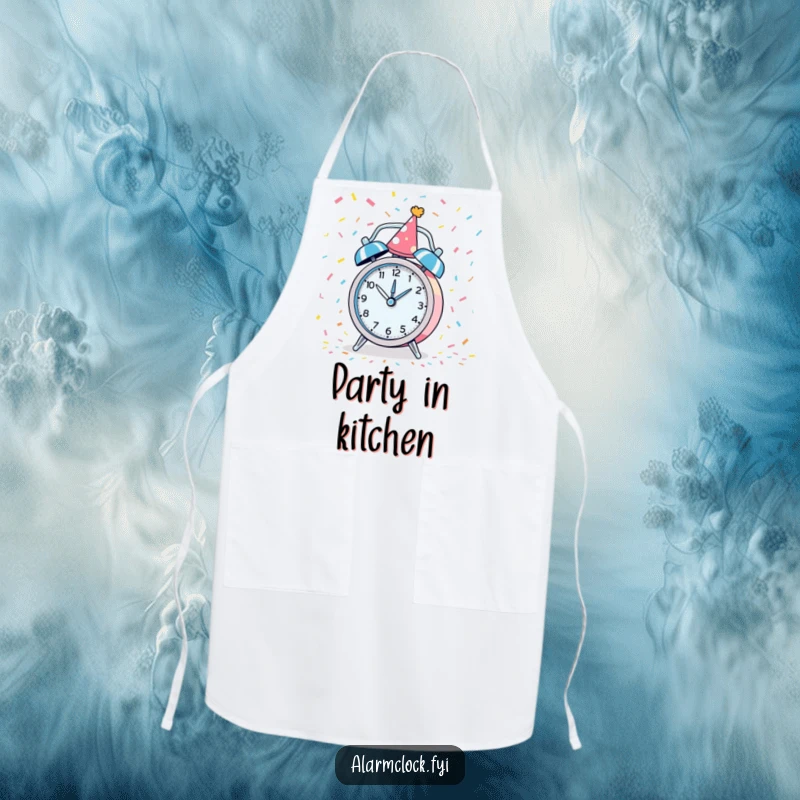 Funny apron with a party alarm clock spinning with confetti, ideal for a festive and functional kitchen accessory.