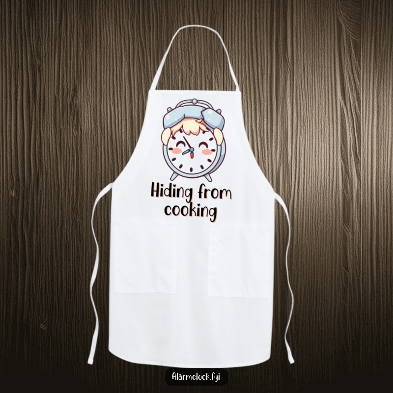 Funny apron showing a surprised character holding a pillow over their head as an alarm clock chimes.