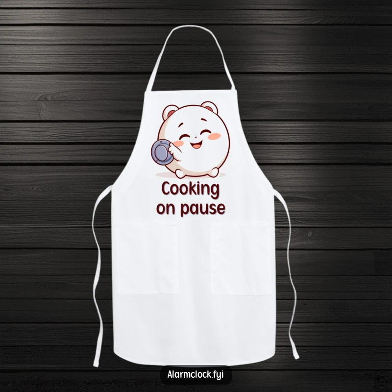 Funny apron featuring a character with a joyful expression, smacking a snooze button, perfect for cooks who enjoy a bit of morning merriment.