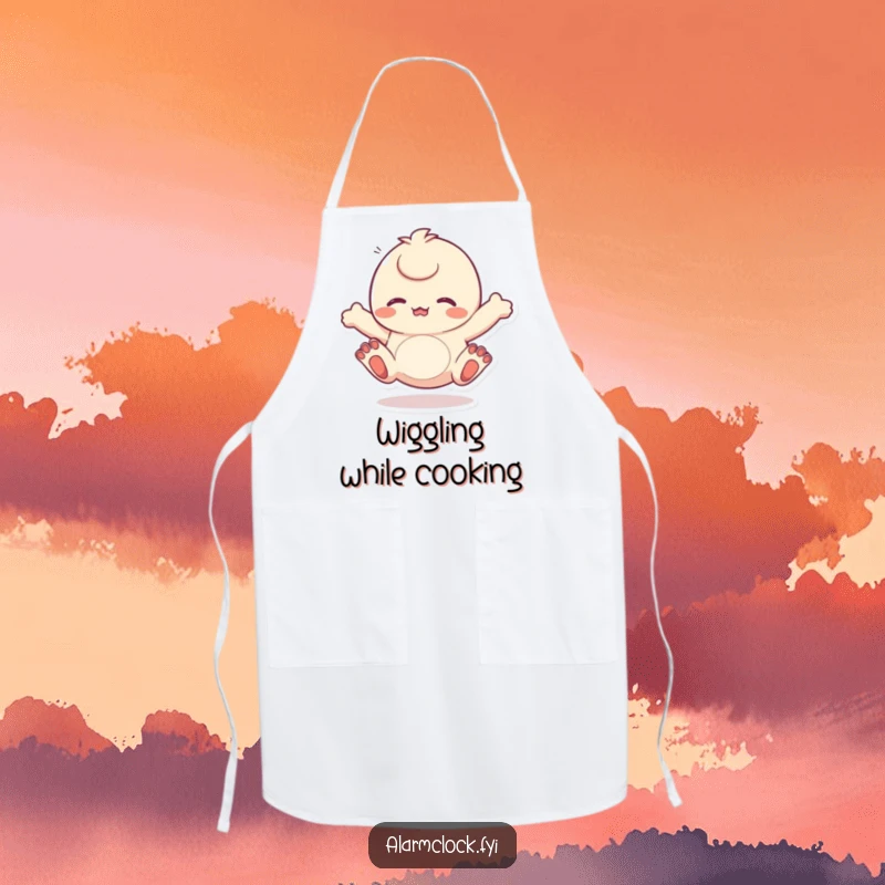 Funny apron showing a character energetically wiggling its toes, ideal for a cook who loves joy. Great funny gift.