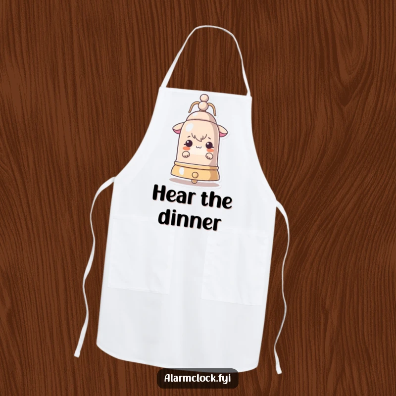 Funny apron showing a curious character peeking from behind a large ringing bell, a humorous kitchen essential.