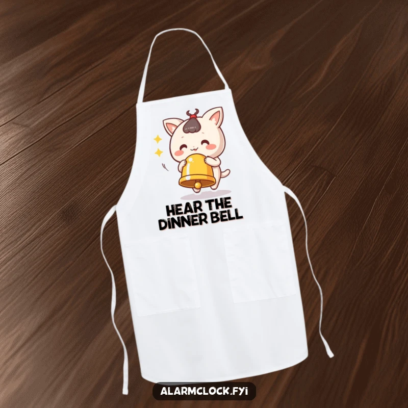 Funny ringing bell apron featuring a cute character vigorously ringing a bell, perfect for kitchen tasks.