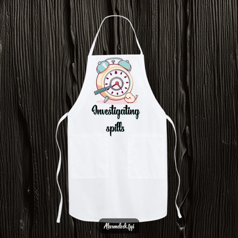 Funny Apron: A curious alarm clock with a magnifying glass, observing a tiny dust bunny with great interest.