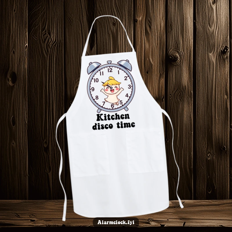 Funny apron graphic of a joyful character dancing energetically next to buzzing clock hands, perfect for humorous kitchen moments.