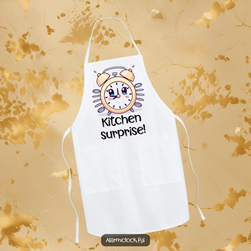 Funny apron design with an alarm clock unexpectedly sprouting springs, expressing comical surprise, perfect for kitchen humor.
