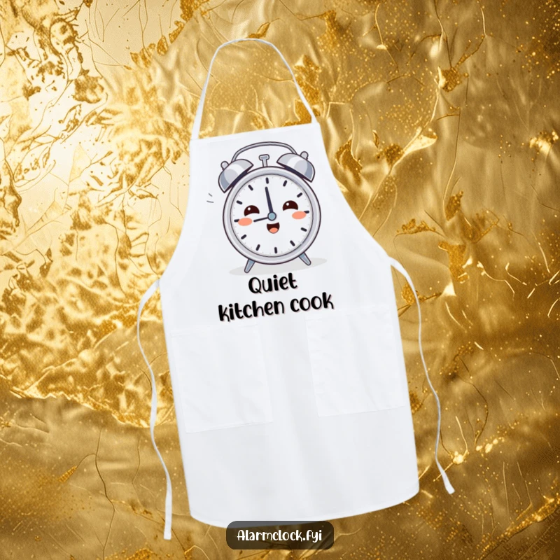 Funny Relief Clock Apron: A character sighing while turning off a loud alarm clock, perfect for kitchen peace with morning humor.