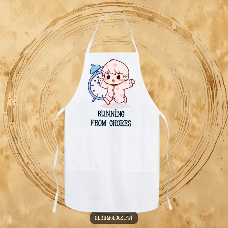 Funny apron showcasing a pajama-clad character playfully running from a buzzing alarm clock, ideal for a humorous kitchen accessory.