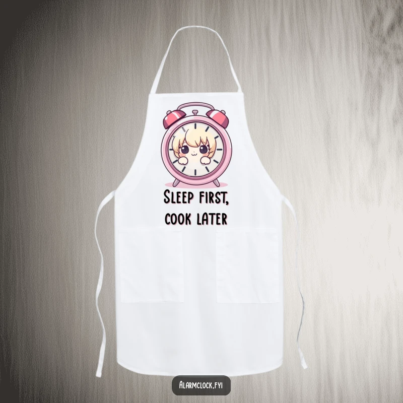 Funny apron design showing a cute character peeking around a loudly ringing alarm clock, ideal for a humorous kitchen setting.