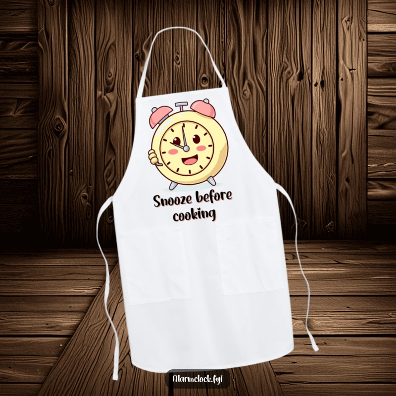 Funny apron showing a determined alarm clock character repeatedly pressing the snooze button, embracing a relaxed approach to cooking.