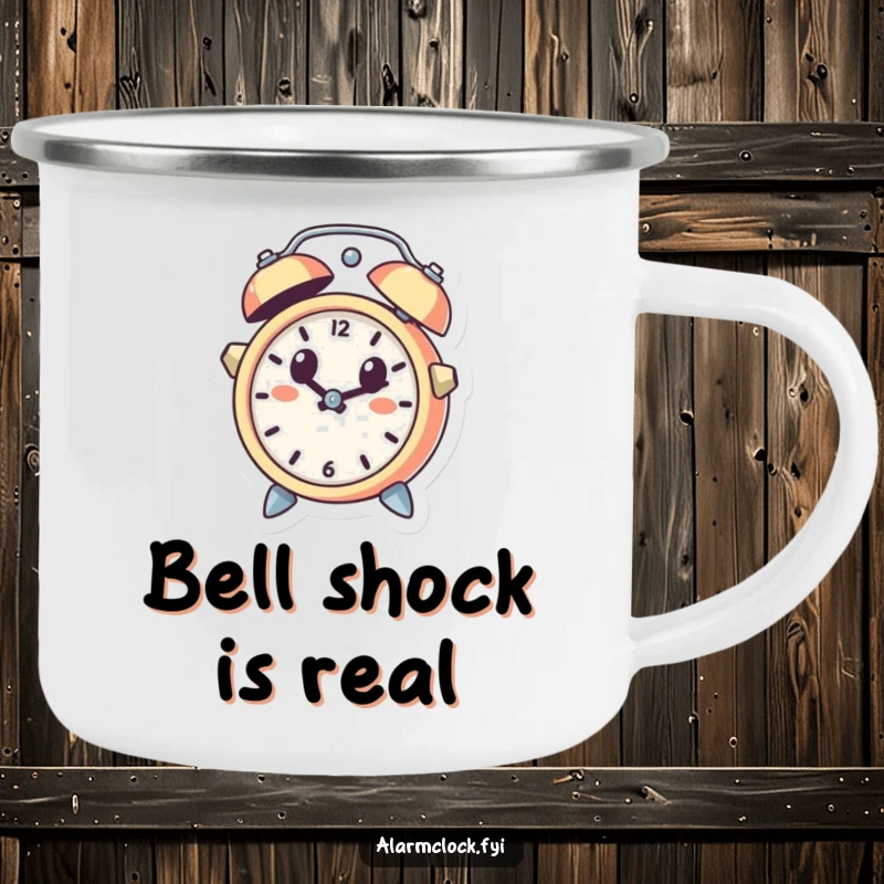 Funny camping mug with a cute alarm clock character leaping out of a bell, surprised and ready for the great outdoors.