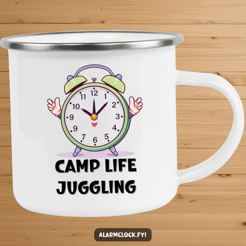 Funny camping mug featuring a round alarm clock juggling its hands, perfect for hot drinks during busy outdoor adventures.