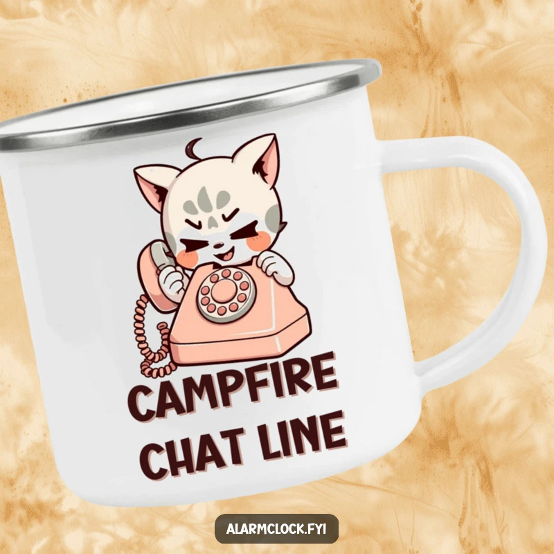 Funny camping mug showing a mischievous character playfully dialing a small, retro telephone, perfect for humorous outdoor moments.