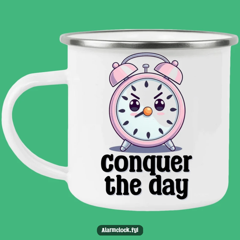 Funny Determined Alarm Clock Camping Mug - Loud Ringing Motivational Outdoor