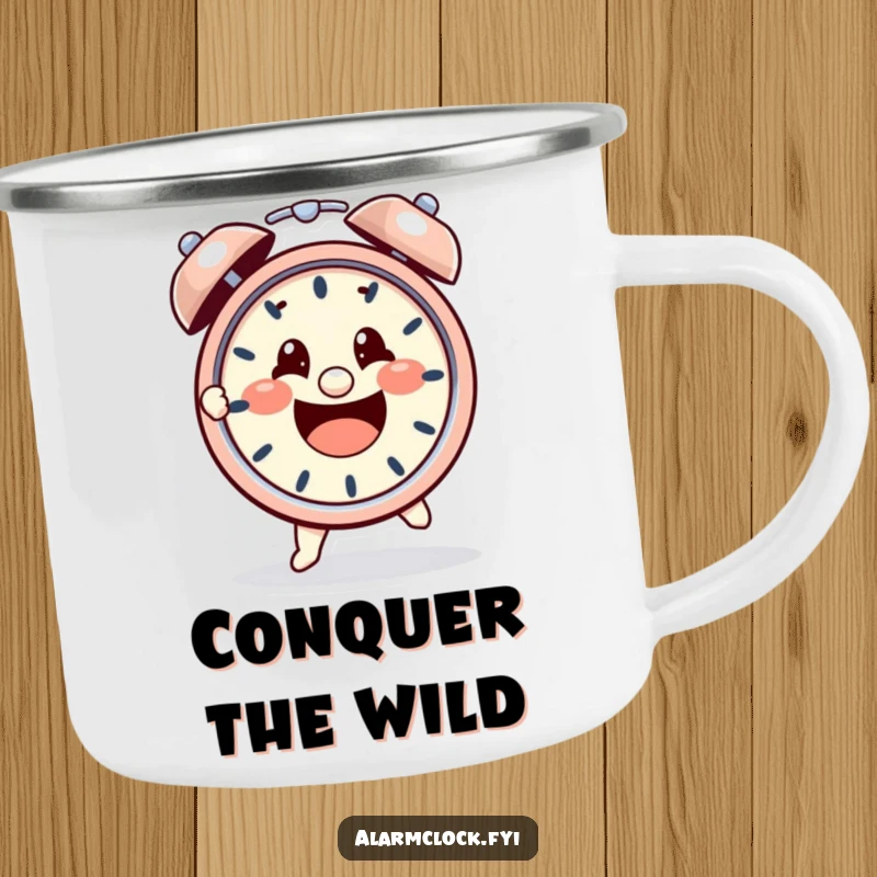 Funny camping mug with a cheerful character determinedly grabbing a ringing alarm clock, ready for adventure after winning the morning.