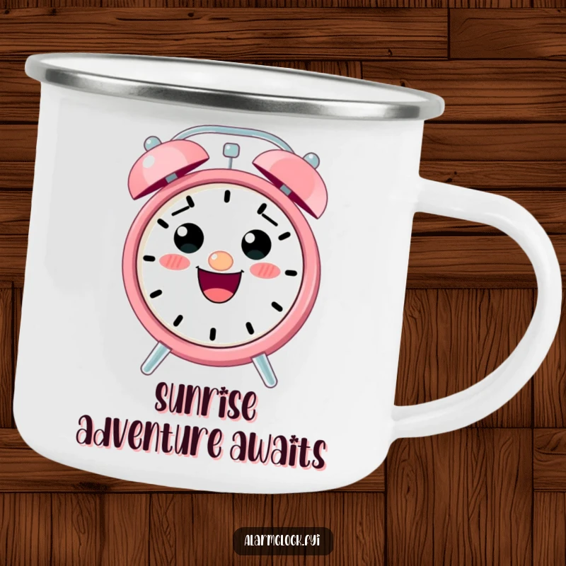 Funny camping mug showcasing an excited alarm clock character ringing loudly, perfect for outdoor enthusiasts.