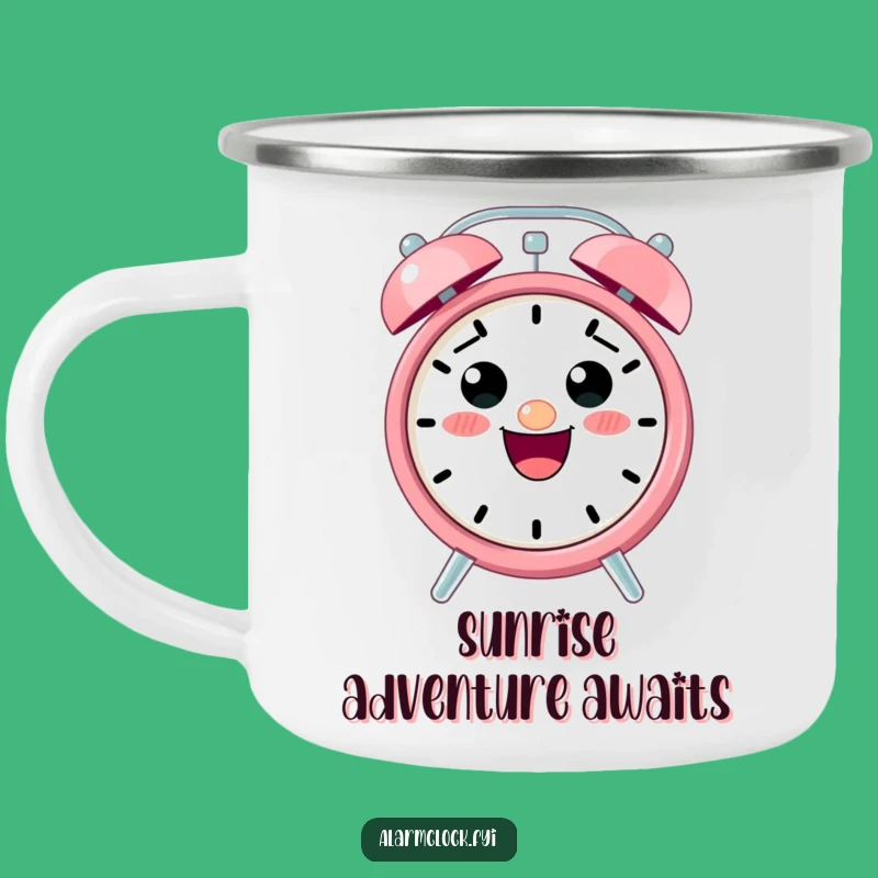 Funny Alarm Clock Camping Mug: Excited Character for Your Adventures!