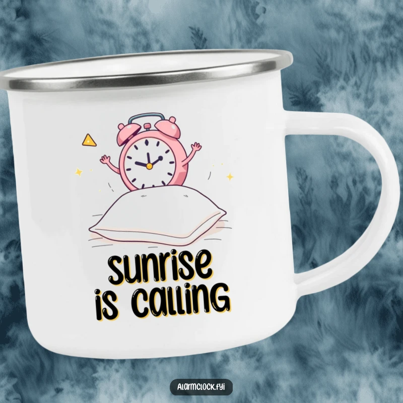 Funny camping mug featuring a frantic alarm clock jumping on a bed to wake a pillow, a sturdy and humorous mug for adventurers.