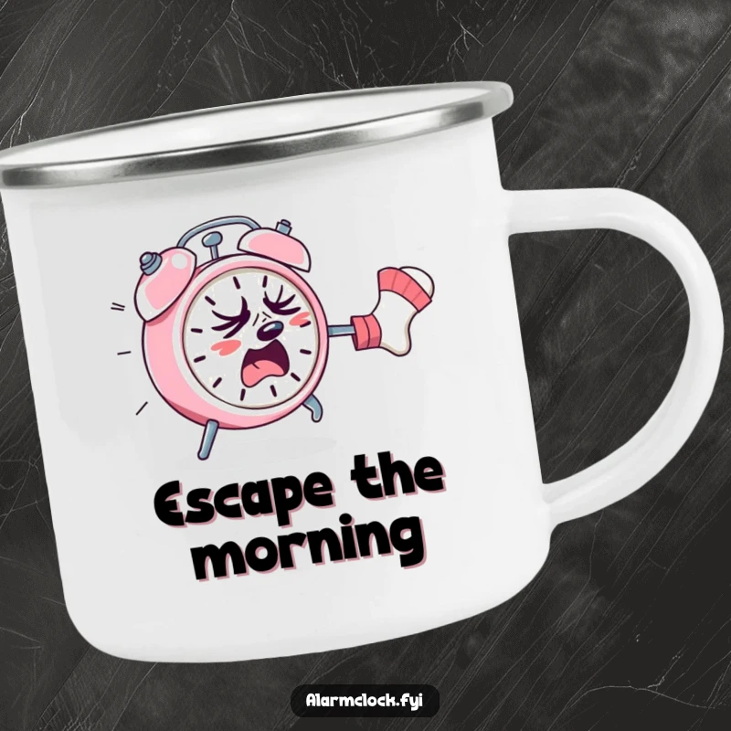 Funny camping mug featuring a sweating alarm clock escaping a rogue sock, perfect for hot beverages during outdoor adventures.