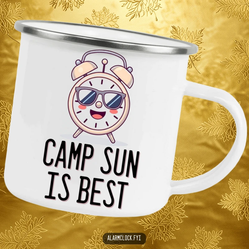 Funny Camping Mug: A cheerful alarm clock with sunglasses, basking in the sun, perfect for outdoor brews.
