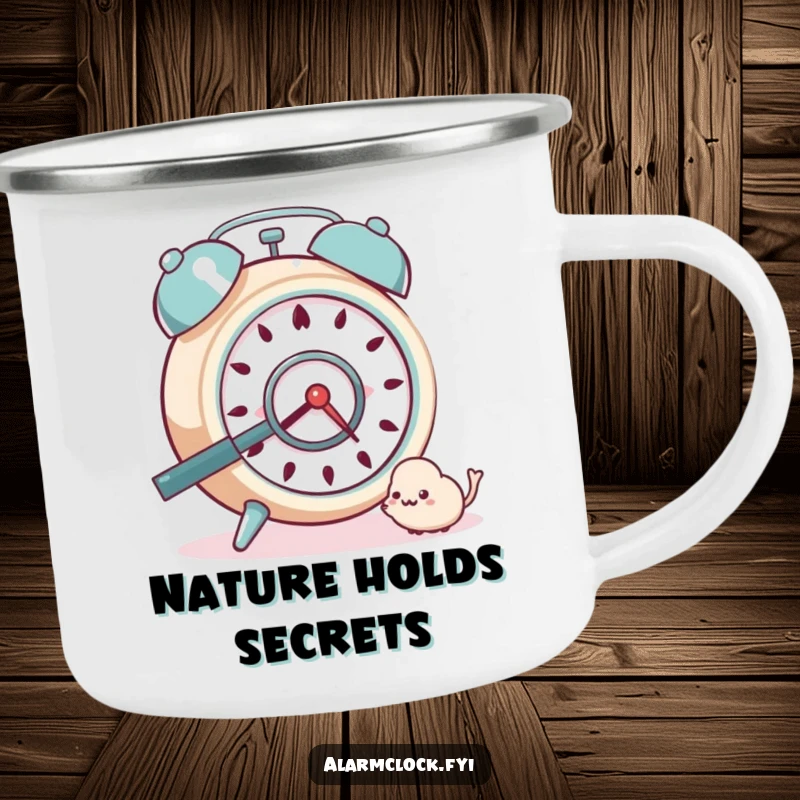 Funny Camping Mug: A curious alarm clock with a magnifying glass, examining a tiny detail in nature.