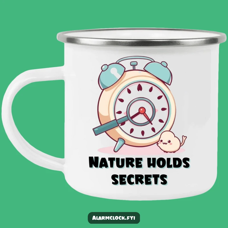 Funny Curious Alarm Clock Camping Mug: Explore the Outdoors with a Keen Eye