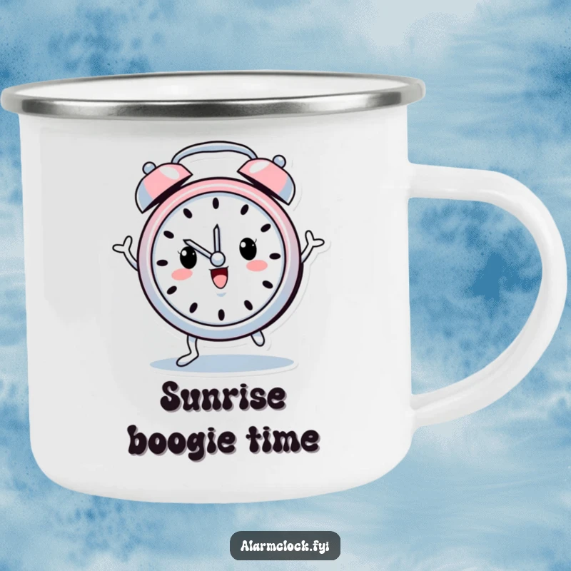 Funny camping mug featuring a cheerful alarm clock character with tiny legs doing a happy dance, perfect for outdoor morning cheer.
